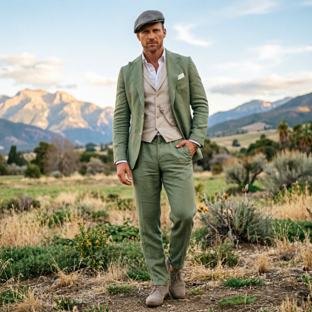 Men Formal Wear Green - セージグリーンのリネンメンズ3ピーススーツ、通気性のあるスリムフィット、夏のビーチフォーマルウェア、結婚式、ビジネスパーティー、その他の機会に最適な衣装