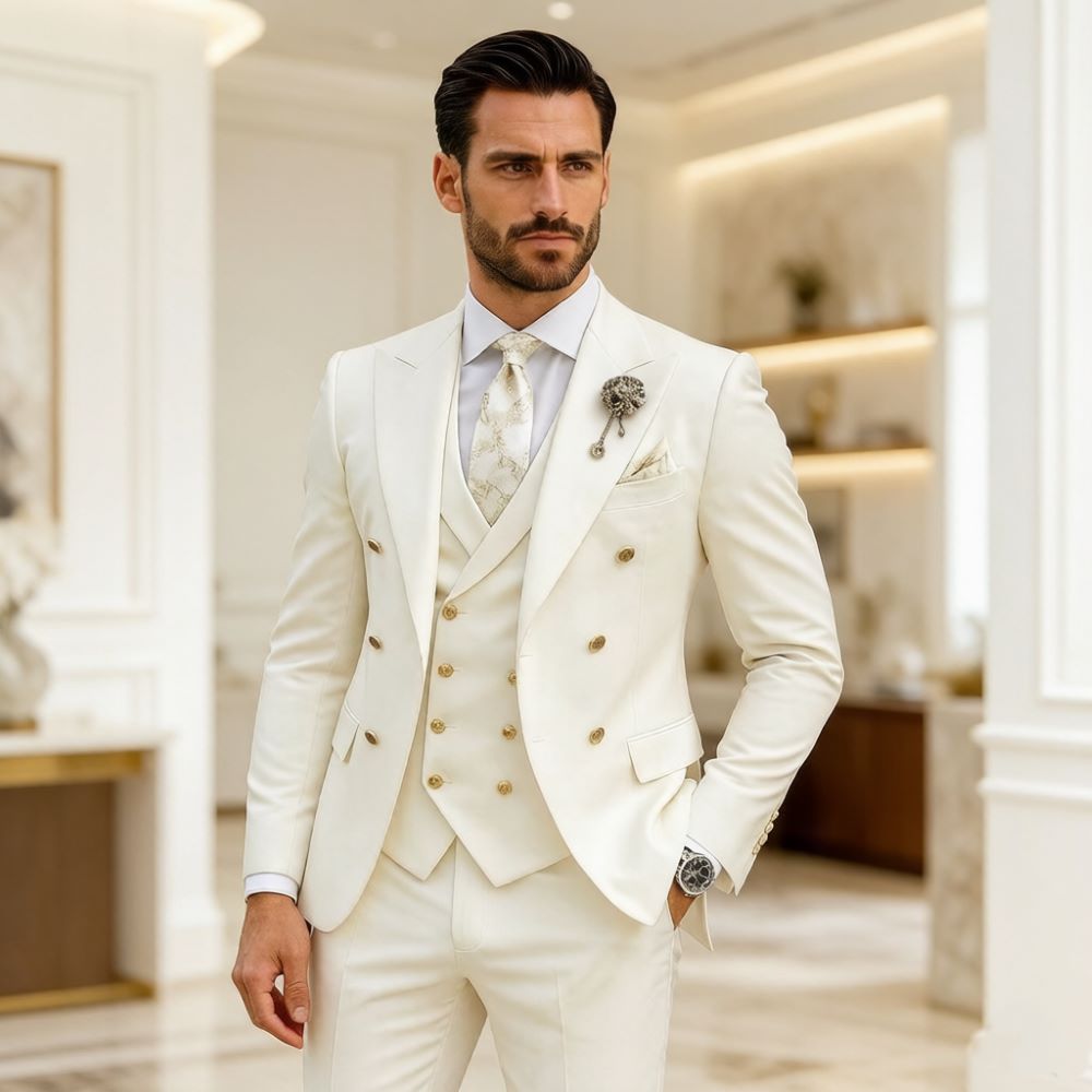 Formal Wear For Men In Wedding - メンズアイボリーウェディングスーツスリムフィット3ピースダブルブレストタキシードミックスマッチモダンピークドラペルプレミアムフォーマルオケージョングルームウェア