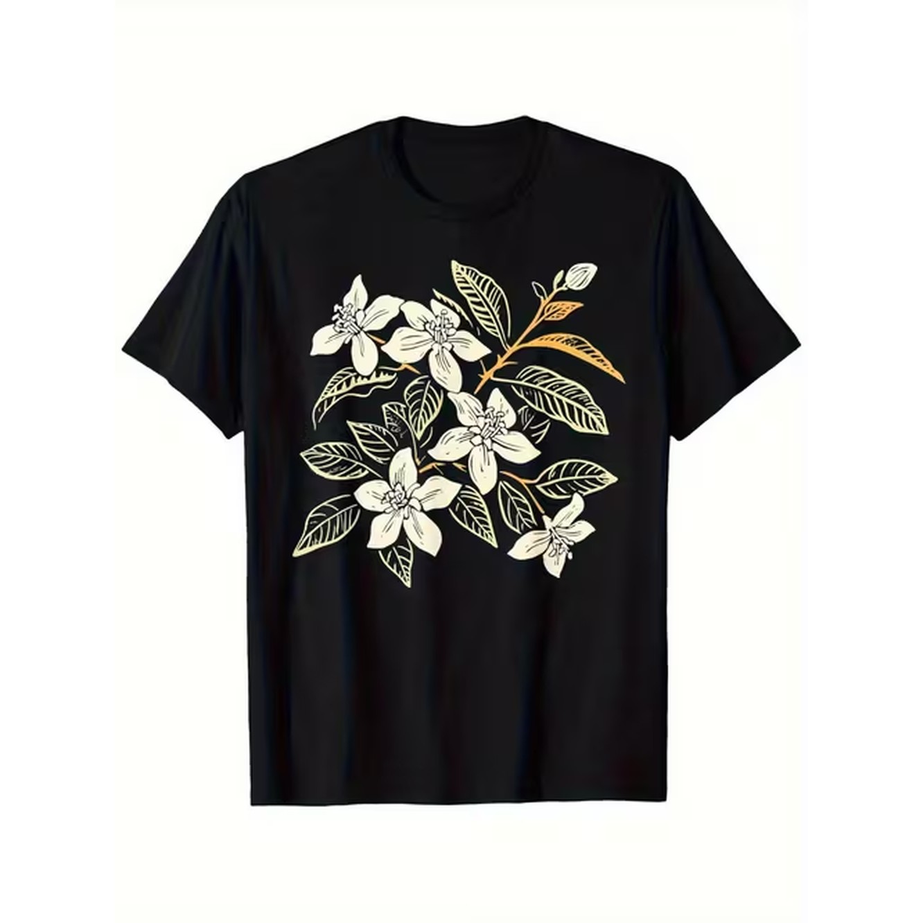 Men'S Formal Attire - メンズレトロ花柄Tシャツ、黒地に白と金色の植物柄、丈夫な180gsm素材、半袖、ラウンドネック、長持ちする耐久性のあるTシャツ、カジュアルにもフォーマルにも最適、サイズS〜XXXL。