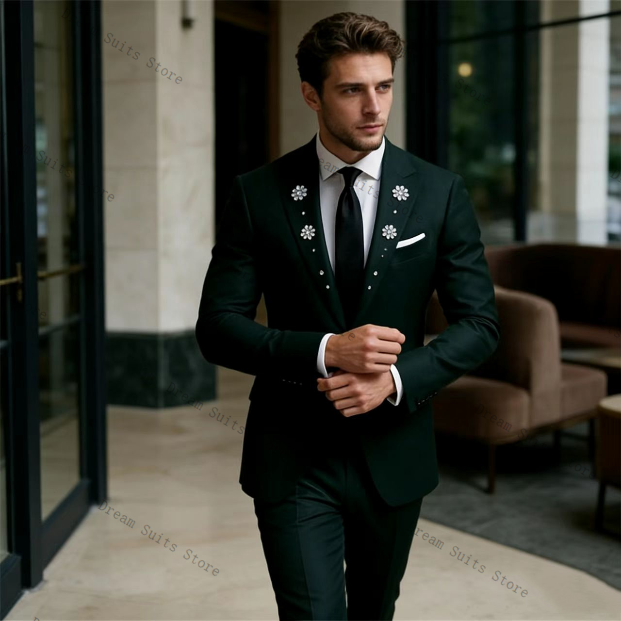 Men Formal Wear Green - クリスタルメンズスーツセット 2 ピースグリーンブレザー + パンツズボンカスタマイズされた春綿フォーマルオフィスジャケット結婚式のタキシードプロムコート