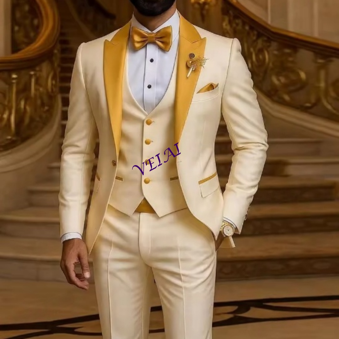Men'S Formal Attire - カスタムゴールドカラー アイボリー メンズスーツ 結婚式 パーティー フォーマル