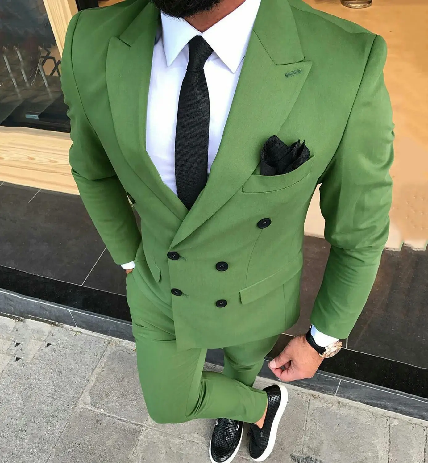 Men Formal Wear Green - メンズスーツ、ダブルブレスト、オリーブグリーン、結婚式用、新郎用タキシード、プロム用、介添人用、ブレザー2点セット（ブレザー＋パンツ）