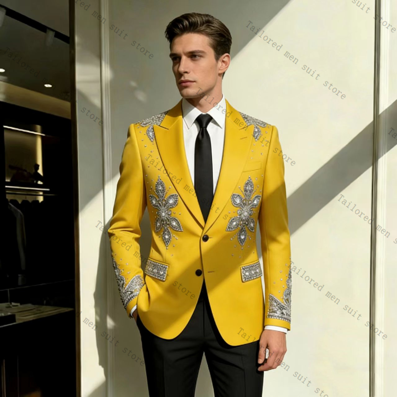 Formal Wear For Men Yellow - 黄色のメンズスーツパンツセット 2ピース クリスタルブレザー+黒ズボン 新郎ウェディングタキシードジャケット フォーマルオフィスビジネスコート衣装