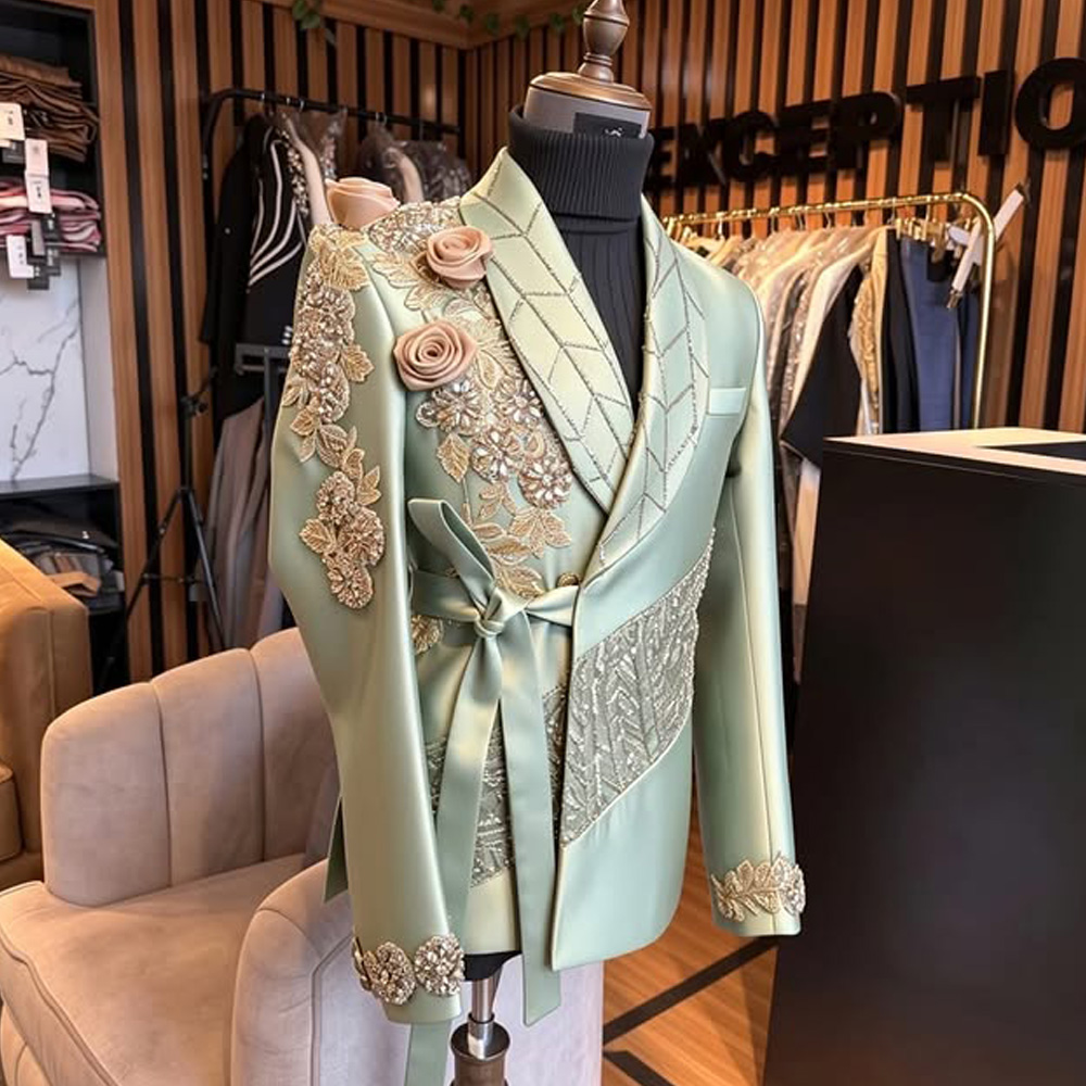 Men Formal Wear Green - グリーンジャカード新郎衣装ダイヤモンドクリスタルフォーマルメンズスーツ2ピースジャケット＆パンツセットスマートカジュアルビジネスブレザー