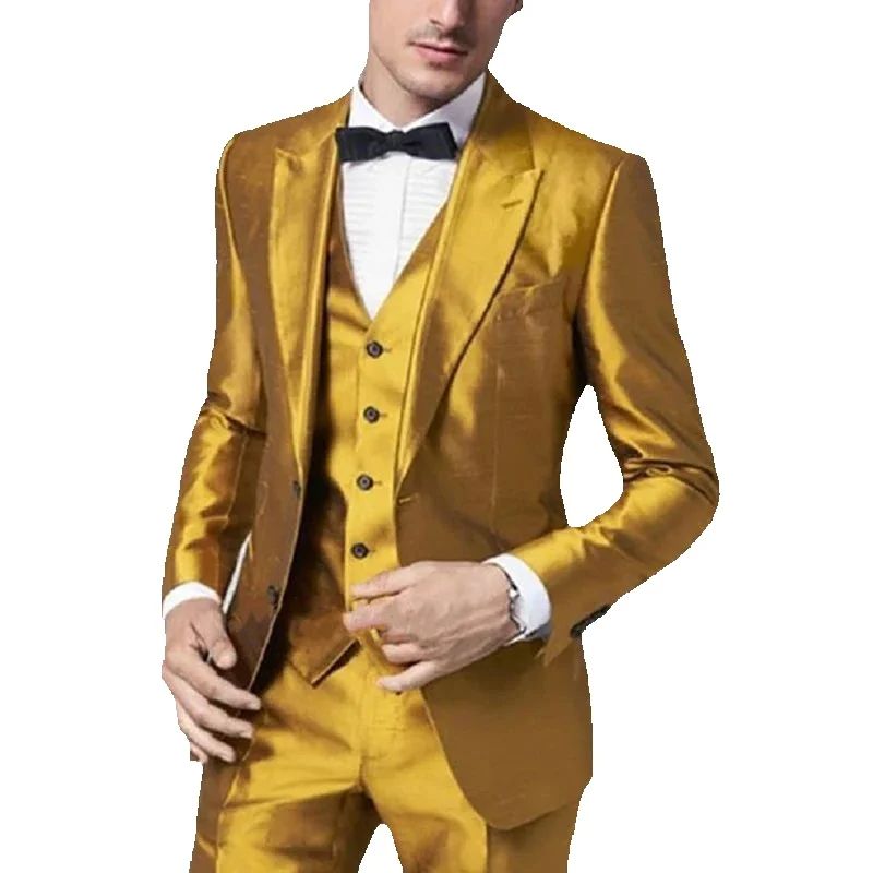 Formal Wear For Men Yellow - 2025年 ゴールデンイエロー サテン メンズスーツ 3ピース スリムフィット