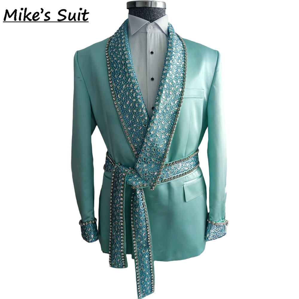 Men Formal Wear Green - ミントグリーンクリスタルジェムフォーマルメンズスーツ、ベルト付き、プロム、結婚式、新郎用タキシード、2ピース、メンズスーツジャケットとパンツ、カスタムメイド