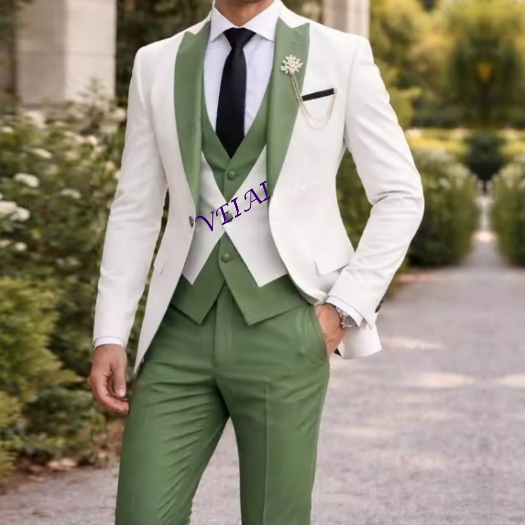 Men'S Formal Attire - カスタマイズされた新しい白とミントグリーンのフォーマルメンズスーツ、新郎、花婿の付添人、結婚式、パーティー、プロム、ビジネス用男性タキシード、3ピースセット、ブレザーV