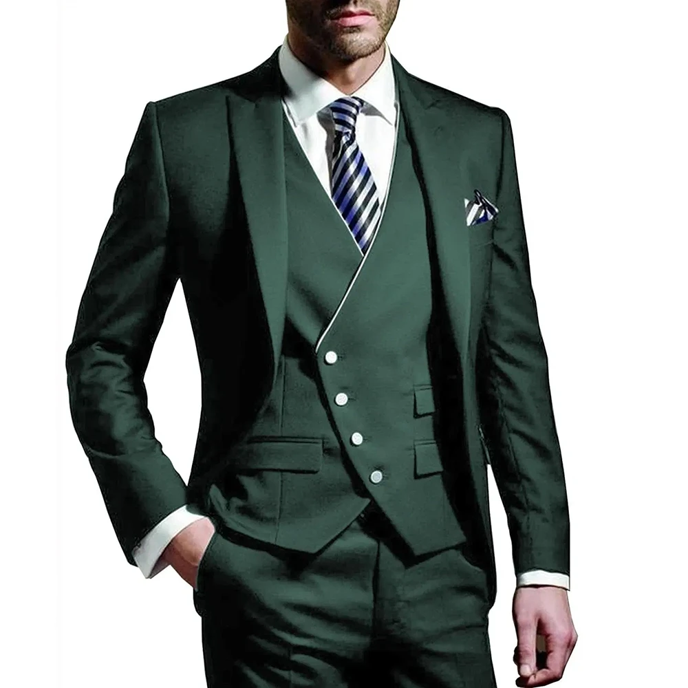 Men Formal Wear Green - 男性スーツ アーミーグリーン 3 ピース新郎着用ピークドラペル結婚式タキシードビジネスパーティーイブニングジャケットベストとパンツ
