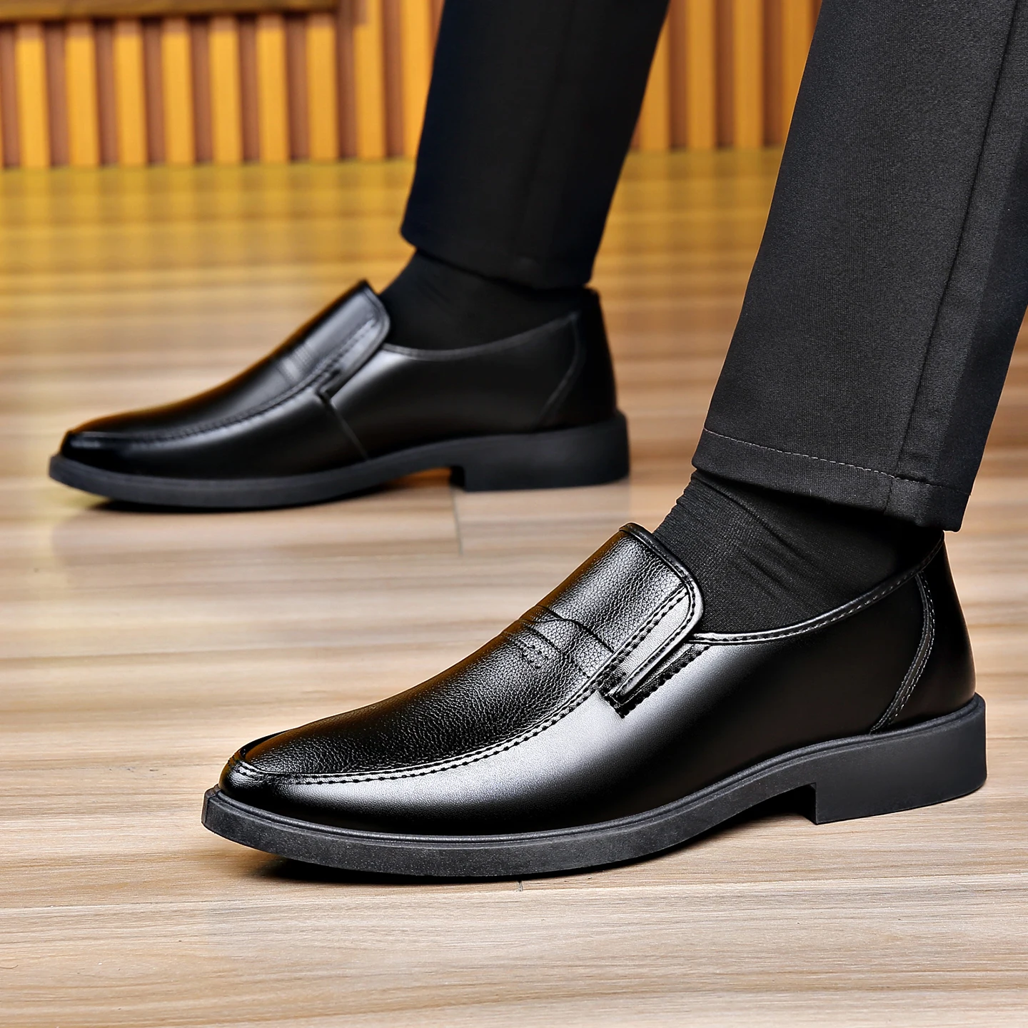 Men'S Formal Wear For Office - メンズ スリッポン ビジネス レザーシューズ ブラック ラウンドトゥ