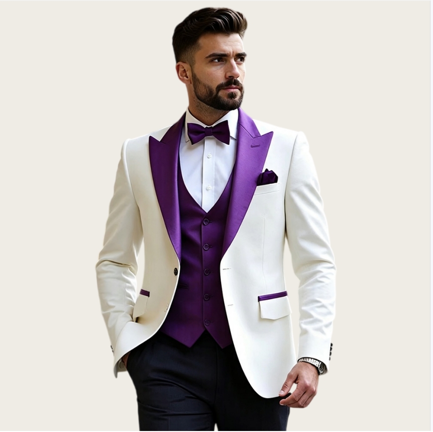 Formal Wear For Men In Wedding - 白いメンズスーツ3点セット、スリムフィット、ピークドラペル、フォーマル、新郎衣装、ブレザーセット、パーティー用タキシード、男性用スーツ。