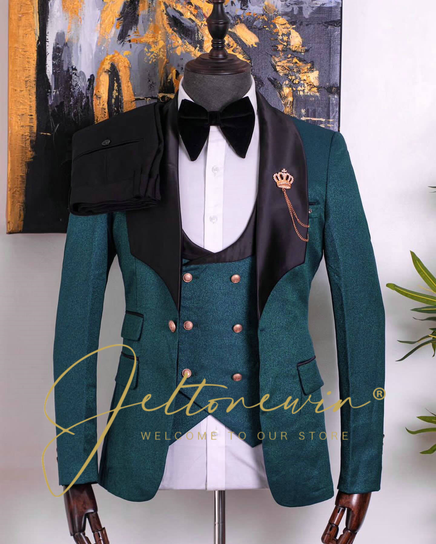 Men Formal Wear Green - メンズグリーン3ピースタキシードスーツセット、ダブルブレストデザイン、スリムフィット、結婚式、グルームズマン、パーティー、イベント、イブニング用フォーマルウェア