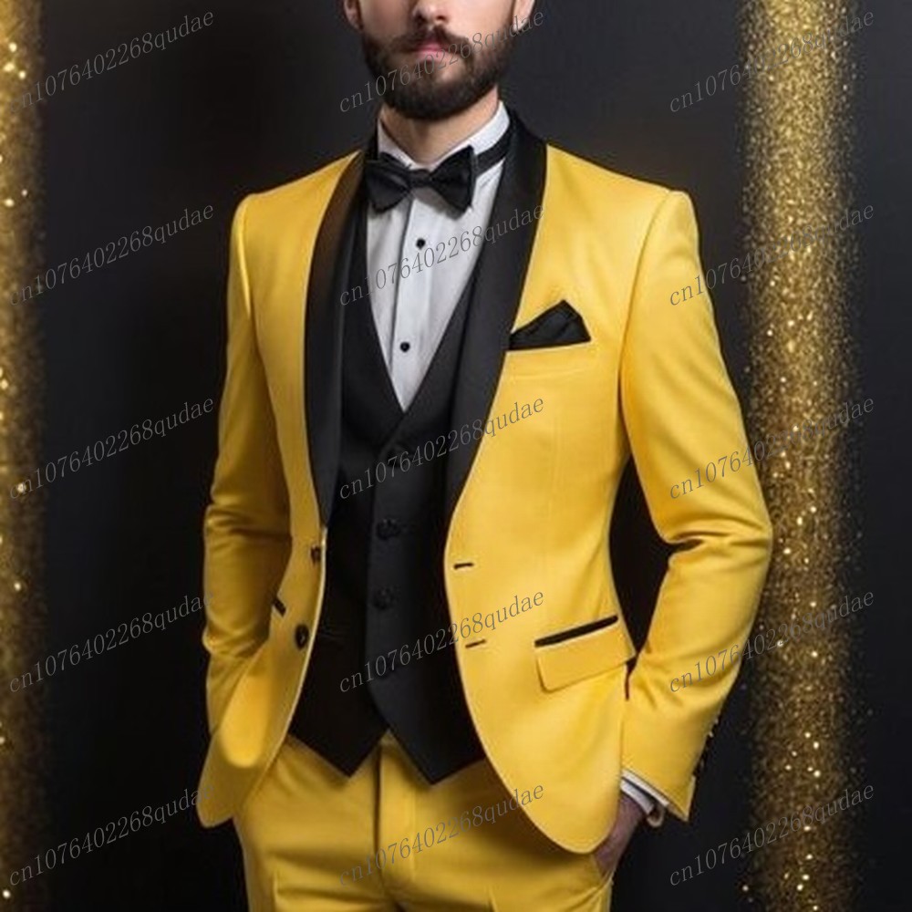 Formal Wear For Men Yellow - 新郎新婦用フォーマルスーツ、イエローとブラックの3ピースセット（ブレザー、ベスト、パンツ）、結婚式、パーティー、新郎介添人用タキシード