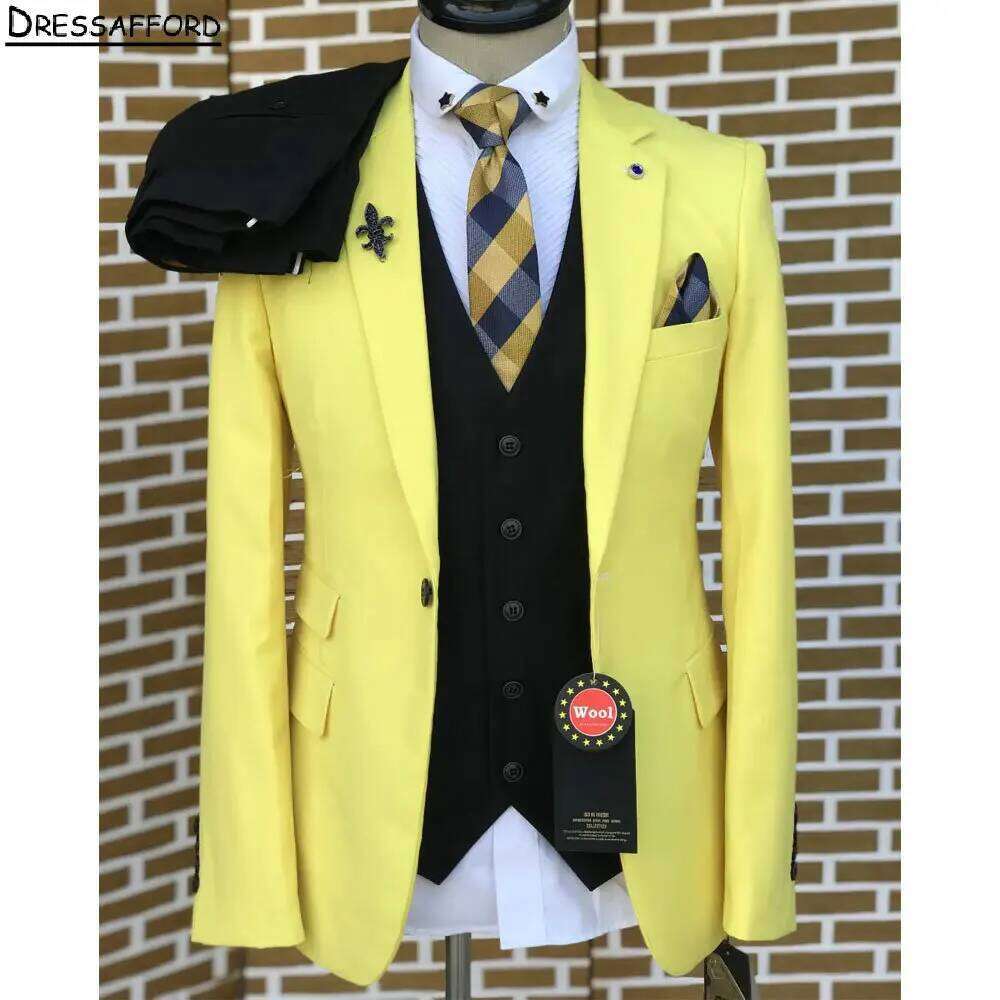 Formal Wear For Men Yellow - 黄色のエレガントな男性ビジネスフォーマル Ocn タキシード新郎結婚式パーティープロム男性スーツ 3 点セットブレザーベストパンツ