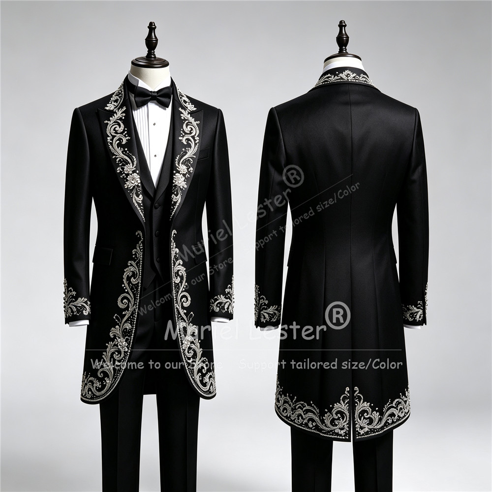 Formal Wear For Men In Wedding - ラグジュアリーメンズウェディングタキシードスーツ、ロング丈、カスタムメイド、キラキラクリスタルビーズ装飾、プロムブレザー、ベスト、パンツ、3ピースセット、新郎衣装