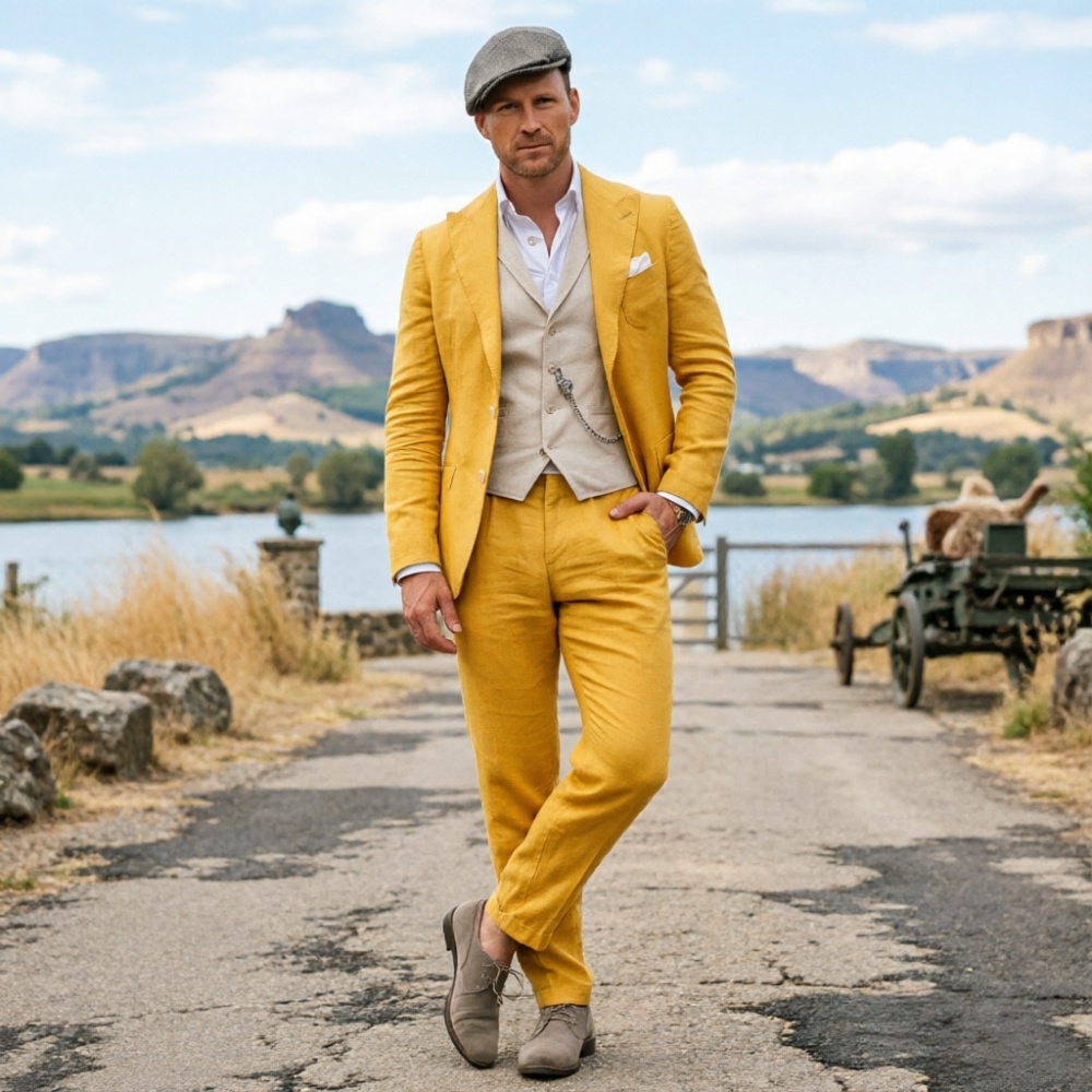セージグリーンのリネンメンズ3ピーススーツ、通気性のあるスリ - Men Formal Wear Green のレビューと価格
