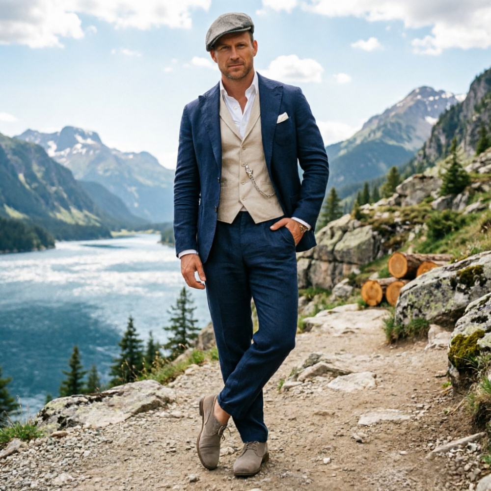セージグリーンのリネンメンズ3ピーススーツ、通気性のあるスリ - Men Formal Wear Green のレビューと価格