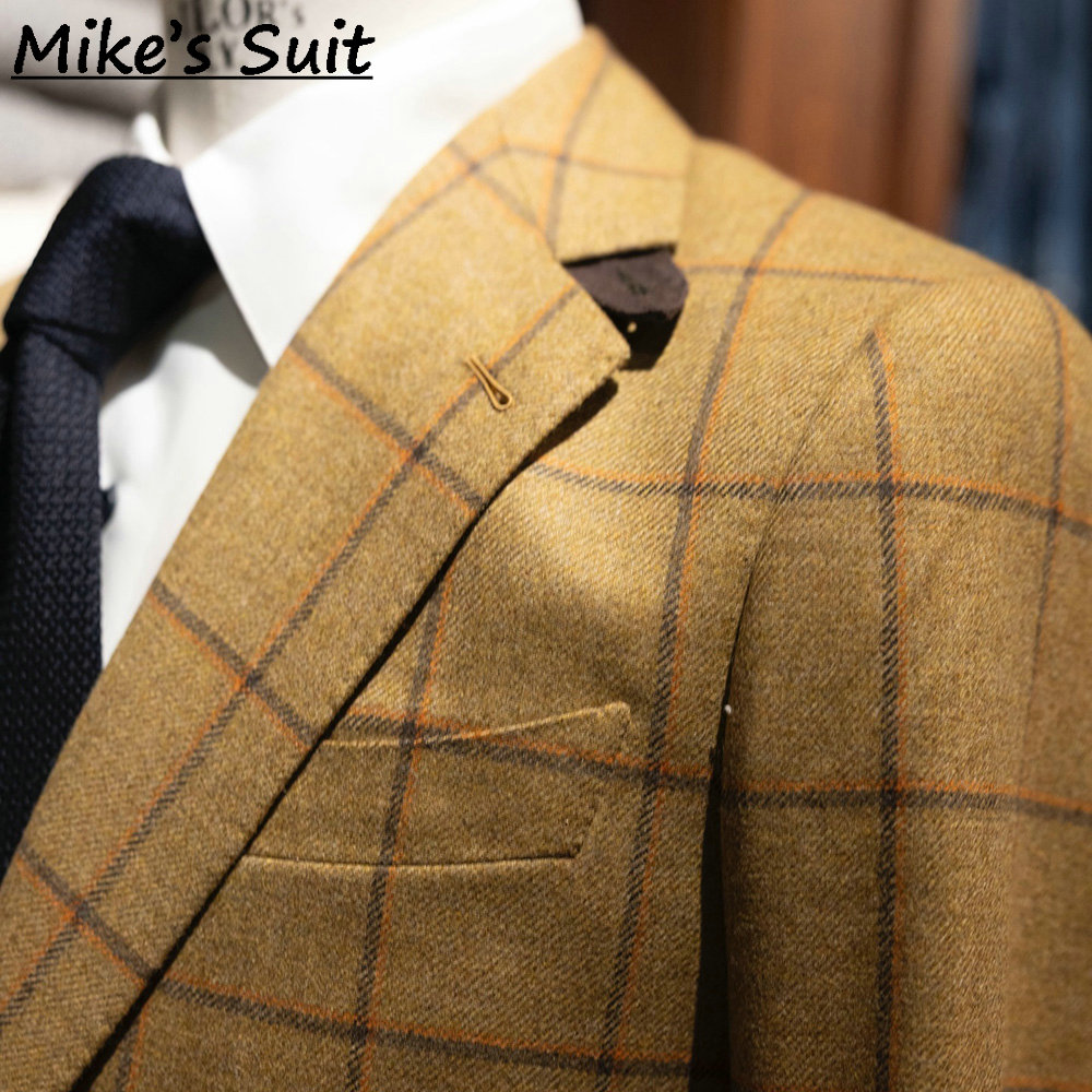 男性用マスタードイエローウィンドウペインチェックツイードウー - Formal Wear For Men Yellow のレビューと価格