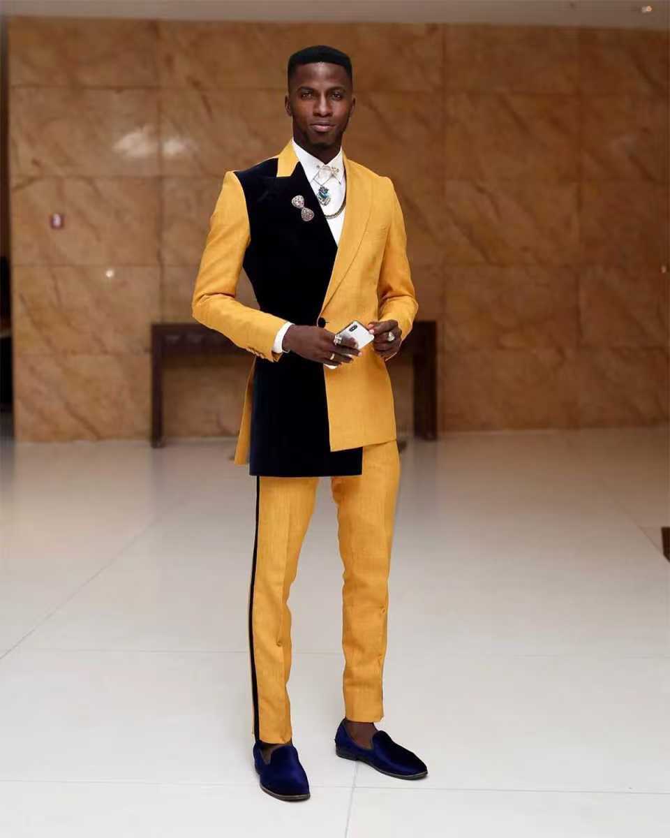 黒黄色男性スーツセット 2 ピースブレザー + パンツズボン - Formal Wear For Men Yellow のレビューと価格