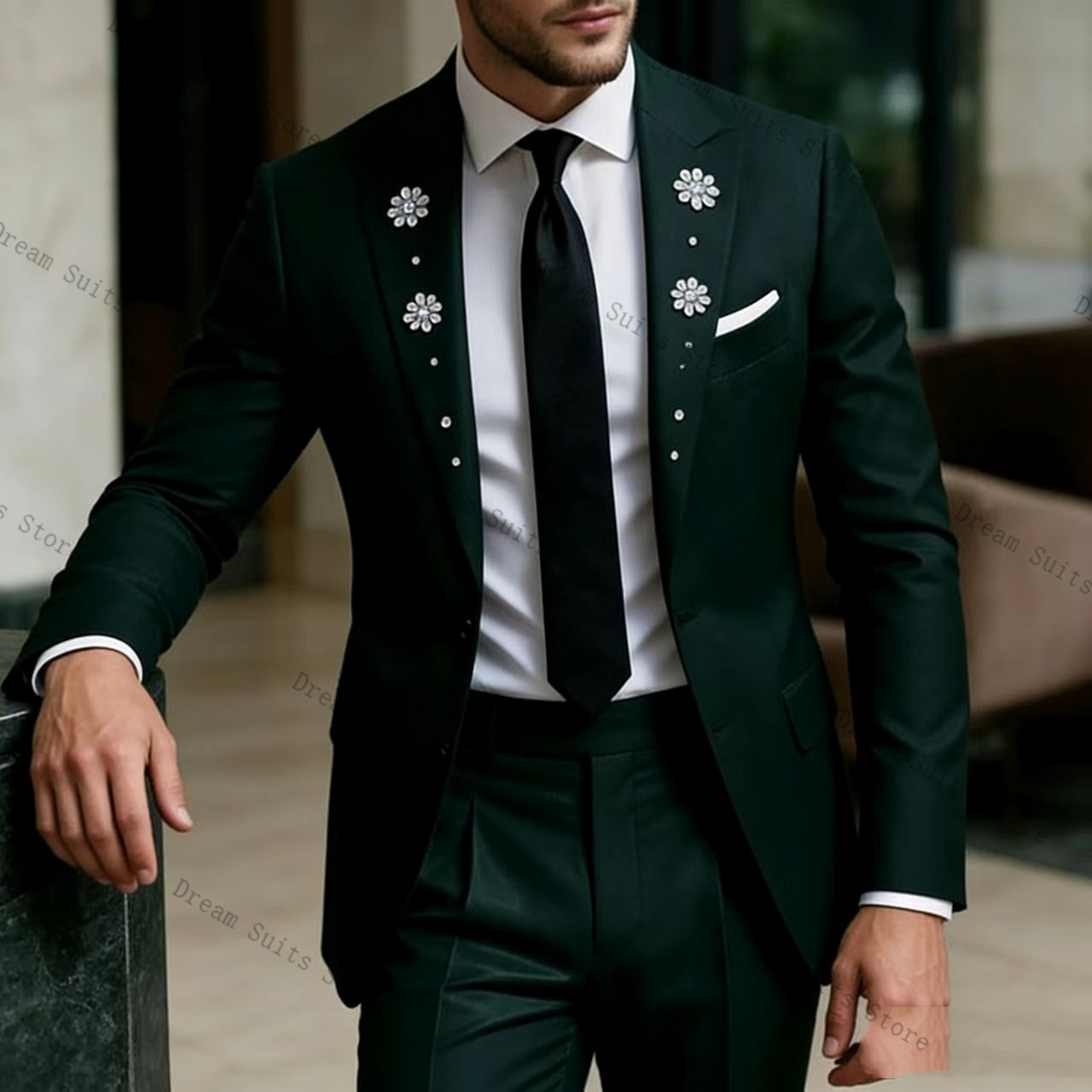 クリスタルメンズスーツセット 2 ピースグリーンブレザー + - Men Formal Wear Green のレビューと価格