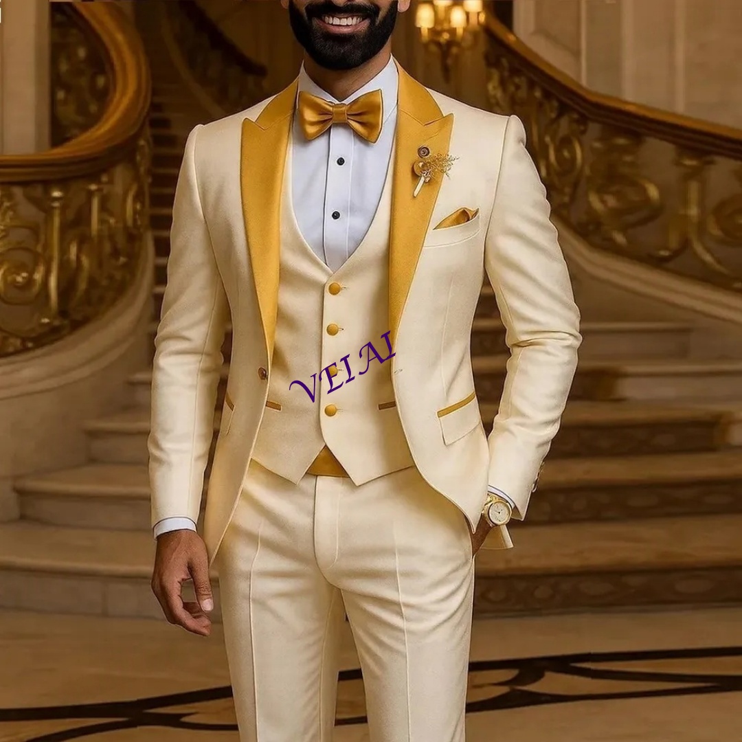 カスタムゴールドカラー アイボリー メンズスーツ 結婚式 パ - Men'S Formal Attire のレビューと価格