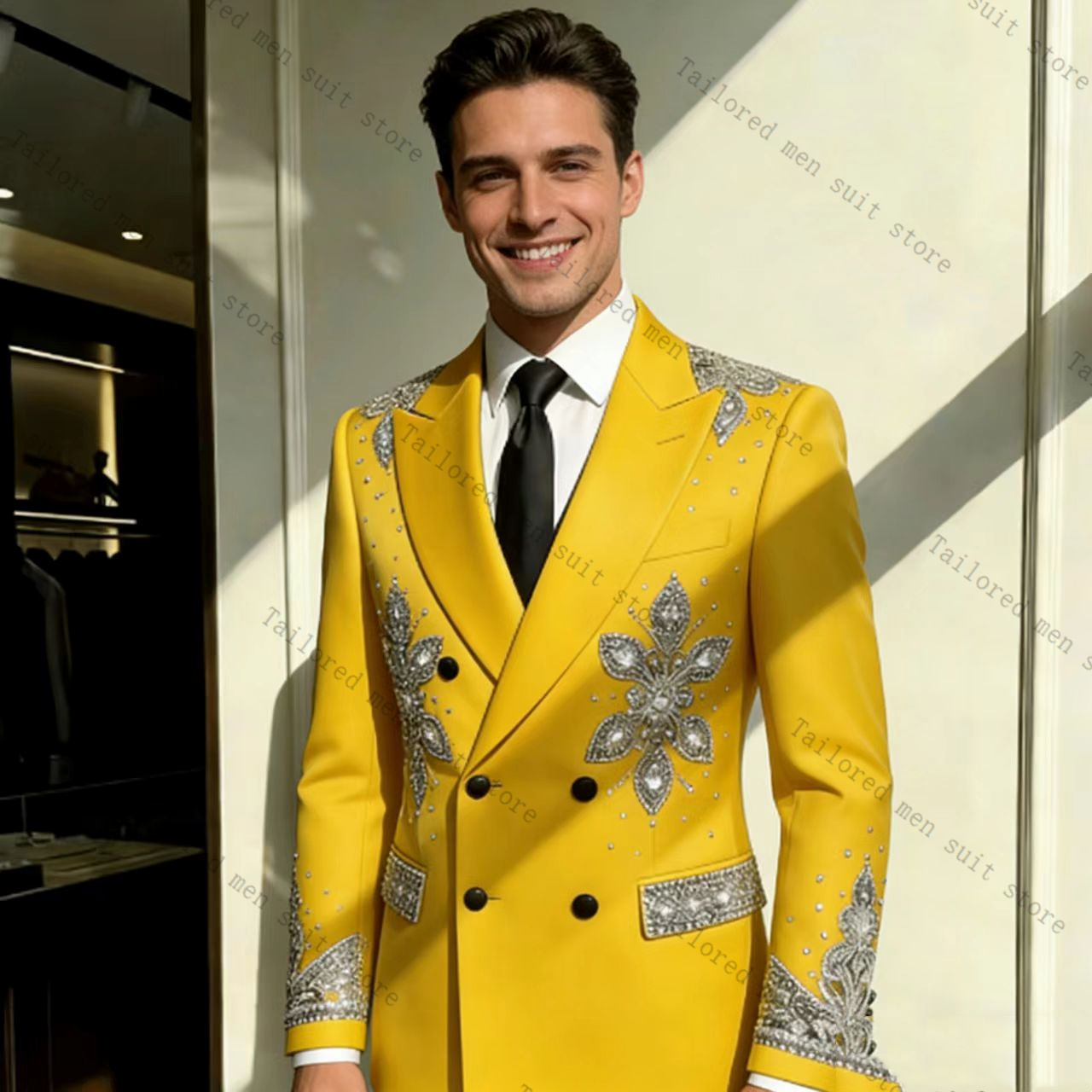 黄色のメンズスーツパンツセット 2ピース クリスタルブレザー - Formal Wear For Men Yellow のレビューと価格