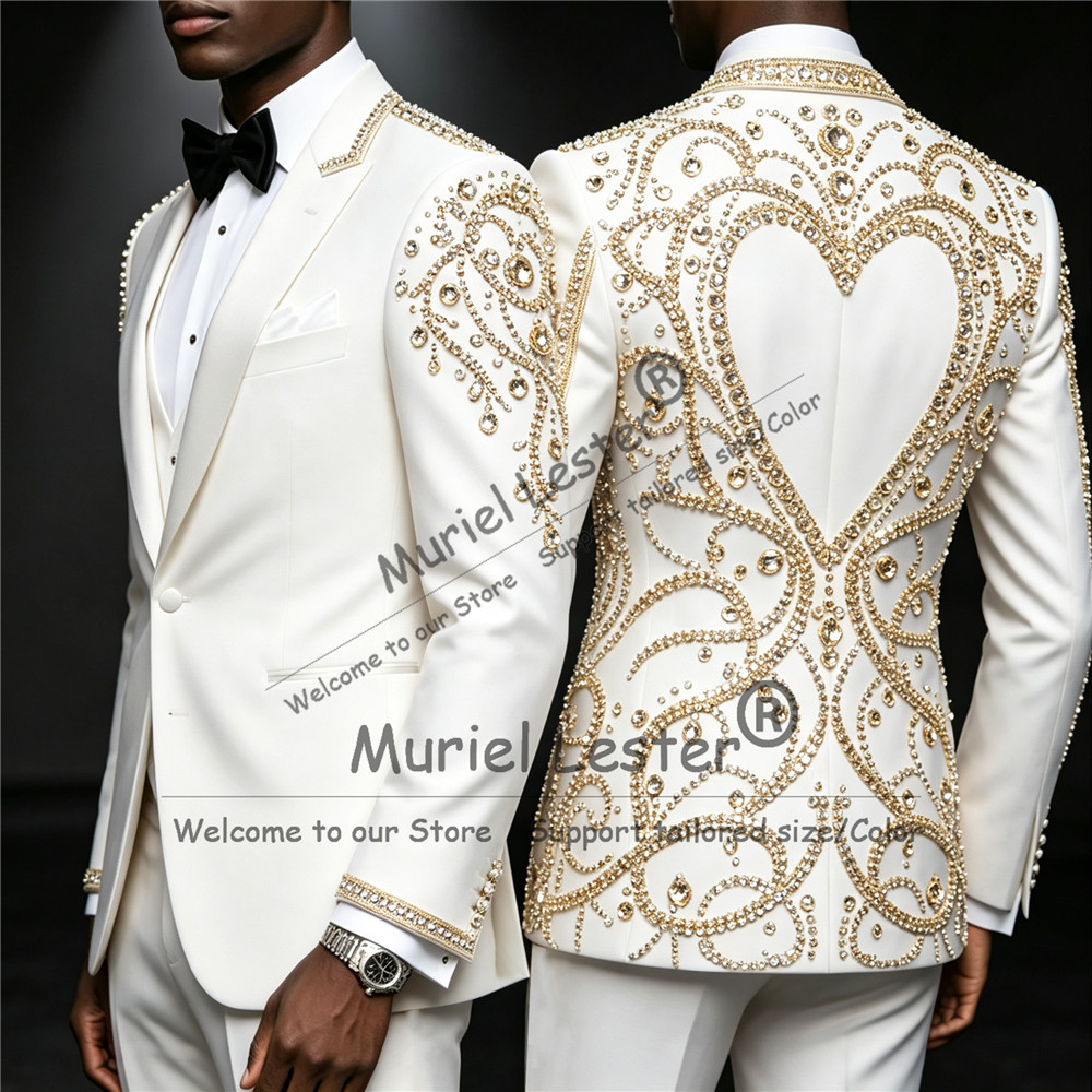 3ピースセット ゴールドダイヤモンドビーズスーツ メンズ ユ - Formal Wear For Men In Wedding のレビューと価格