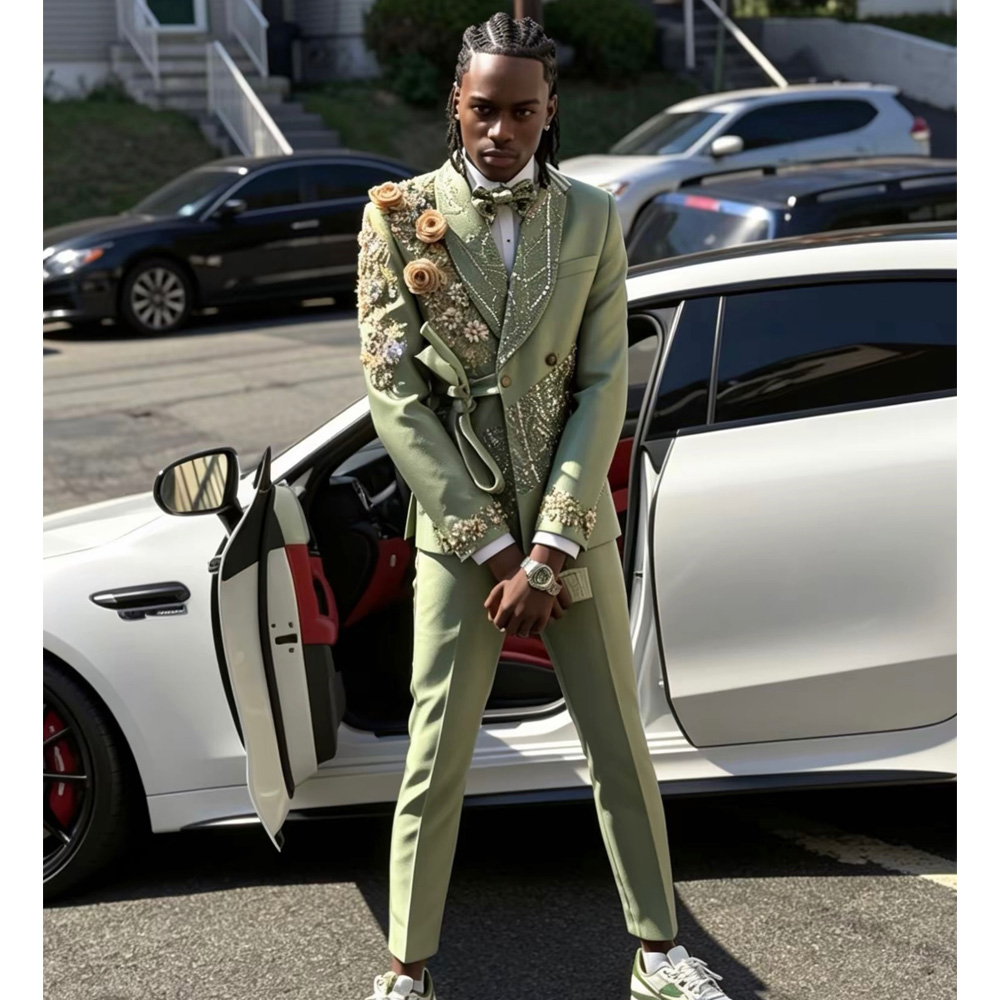 グリーンジャカード新郎衣装ダイヤモンドクリスタルフォーマルメ - Men Formal Wear Green のレビューと価格