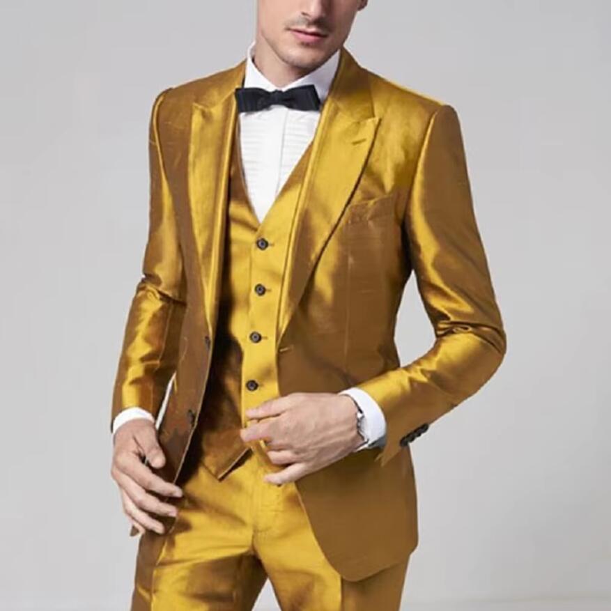 2025年 ゴールデンイエロー サテン メンズスーツ 3ピー - Formal Wear For Men Yellow のレビューと価格