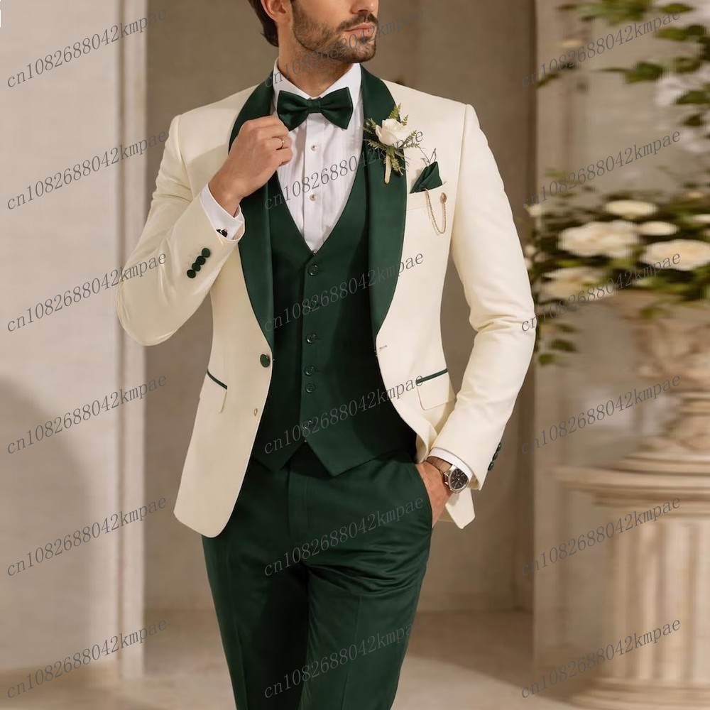 新作アイボリーとダークグリーンのフォーマルメンズスーツ、新郎 - Men'S Formal Attire のレビューと価格