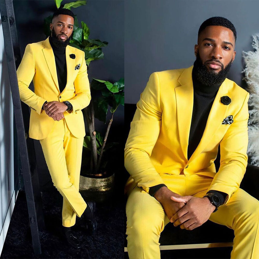 メンズ用、黄色のスーツ、スリムフィット、シングルブレスト、結 - Formal Wear For Men Yellow のレビューと価格