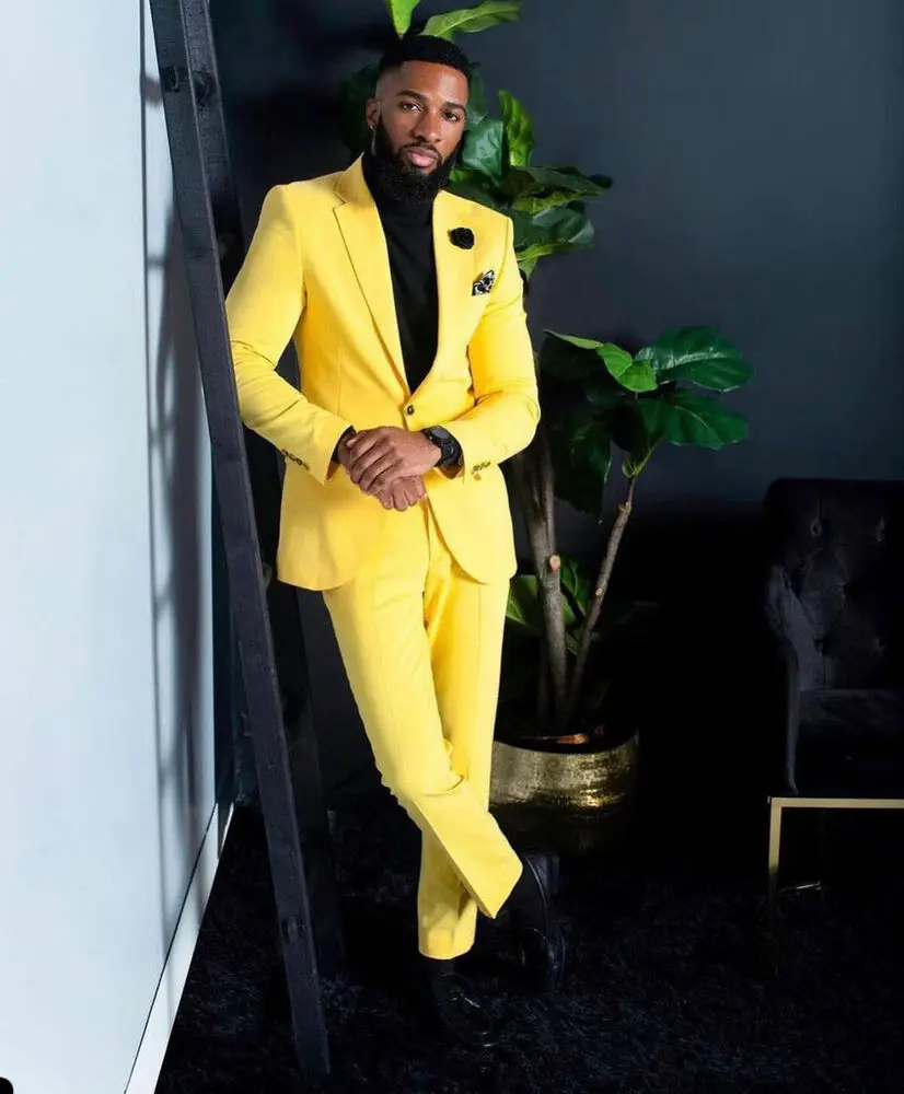 メンズ用、黄色のスーツ、スリムフィット、シングルブレスト、結 - Formal Wear For Men Yellow のレビューと価格