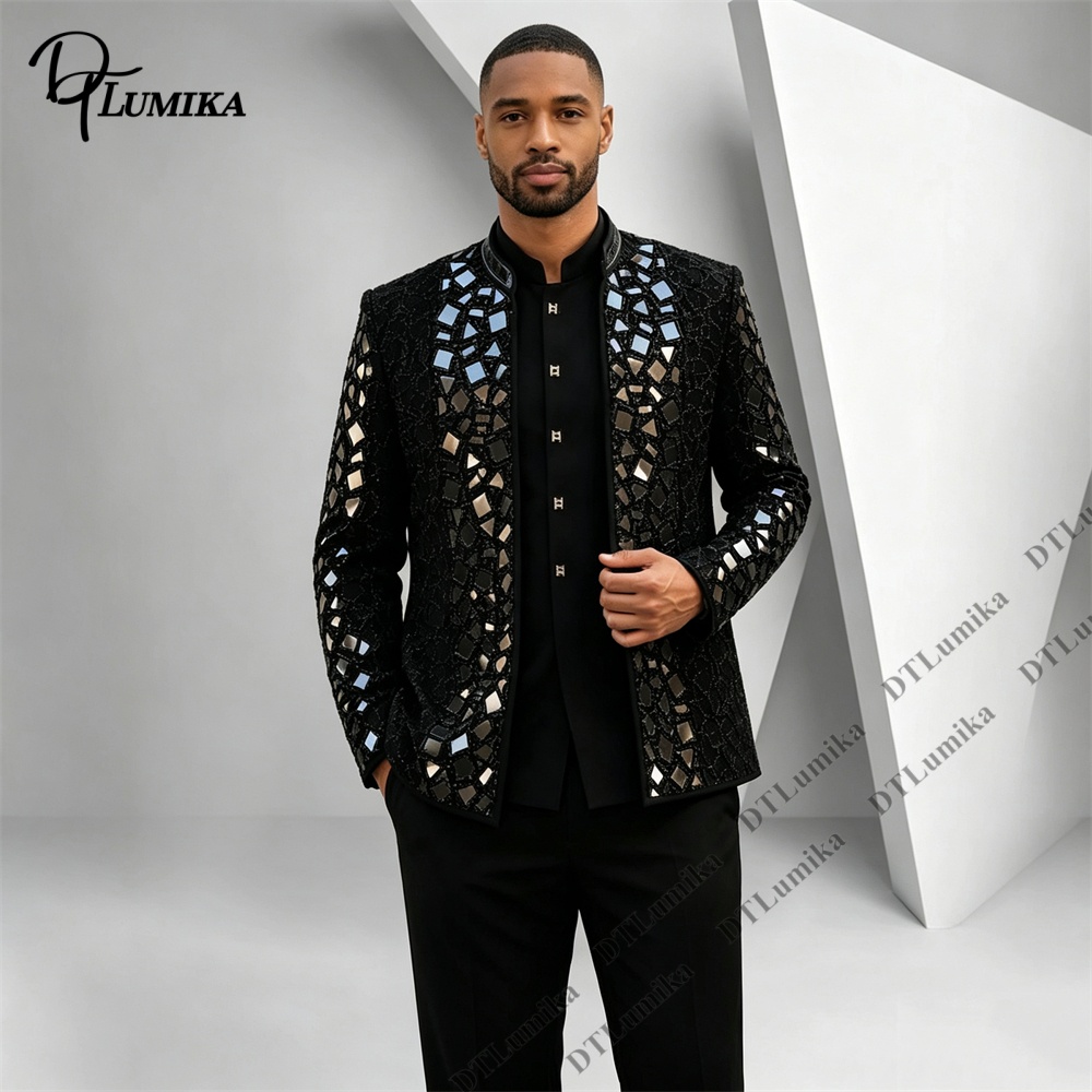 男性黒マンダリンカラースーツミラーモザイクラインストーン装飾 - Men'S Formal Wear For Office のレビューと価格