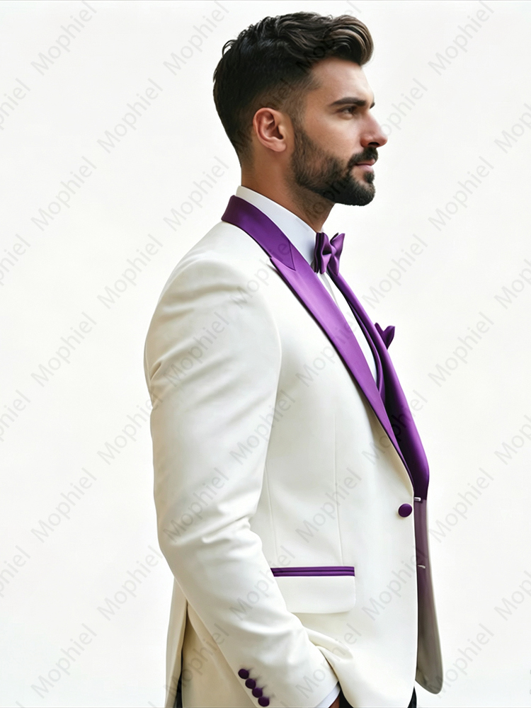 白いメンズスーツ3点セット、スリムフィット、ピークドラペル、 - Formal Wear For Men In Wedding のレビューと価格