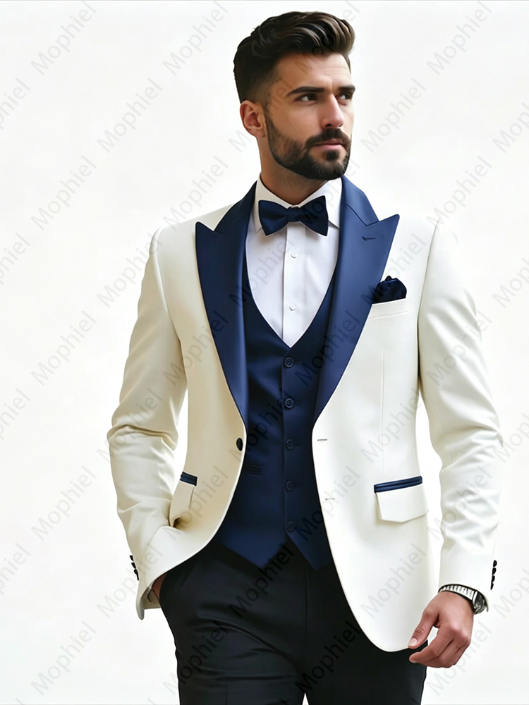 白いメンズスーツ3点セット、スリムフィット、ピークドラペル、 - Formal Wear For Men In Wedding のレビューと価格