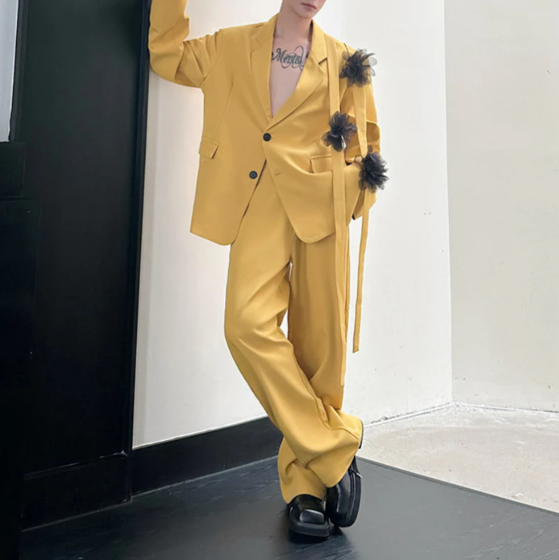 黄色のメンズスーツセット 2ピース ブレザー+パンツ 綿素材 - Formal Wear For Men Yellow のレビューと価格