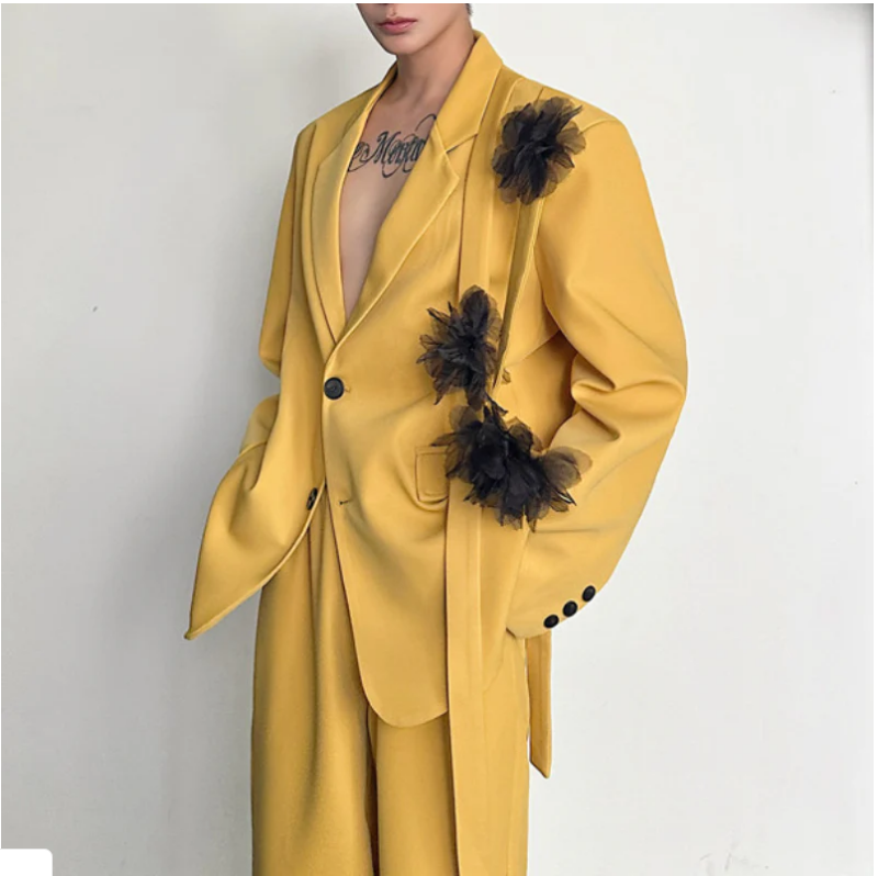 黄色のメンズスーツセット 2ピース ブレザー+パンツ 綿素材 - Formal Wear For Men Yellow のレビューと価格
