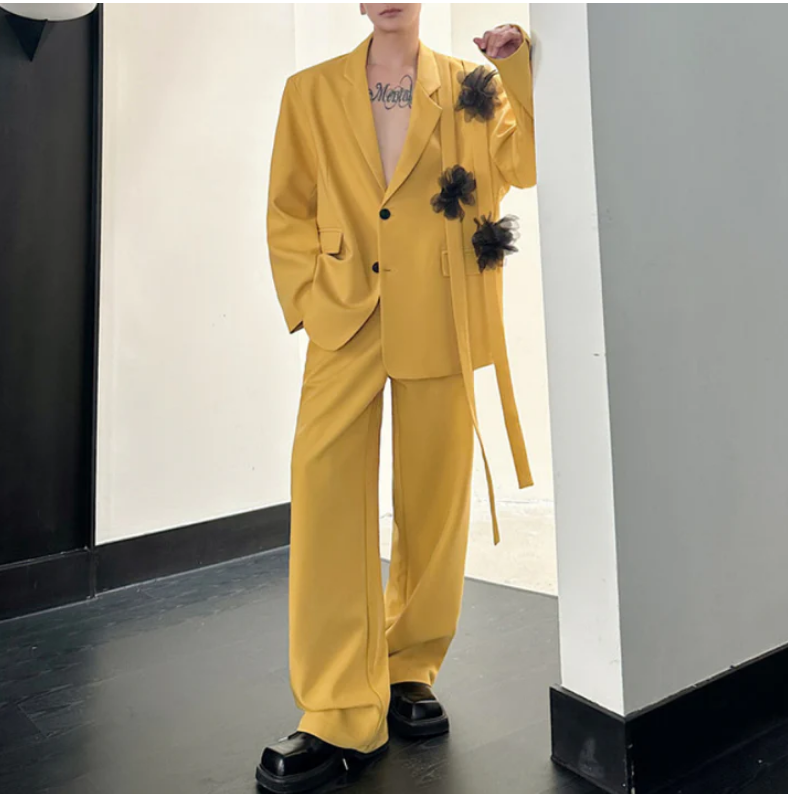 黄色のメンズスーツセット 2ピース ブレザー+パンツ 綿素材 - Formal Wear For Men Yellow のレビューと価格