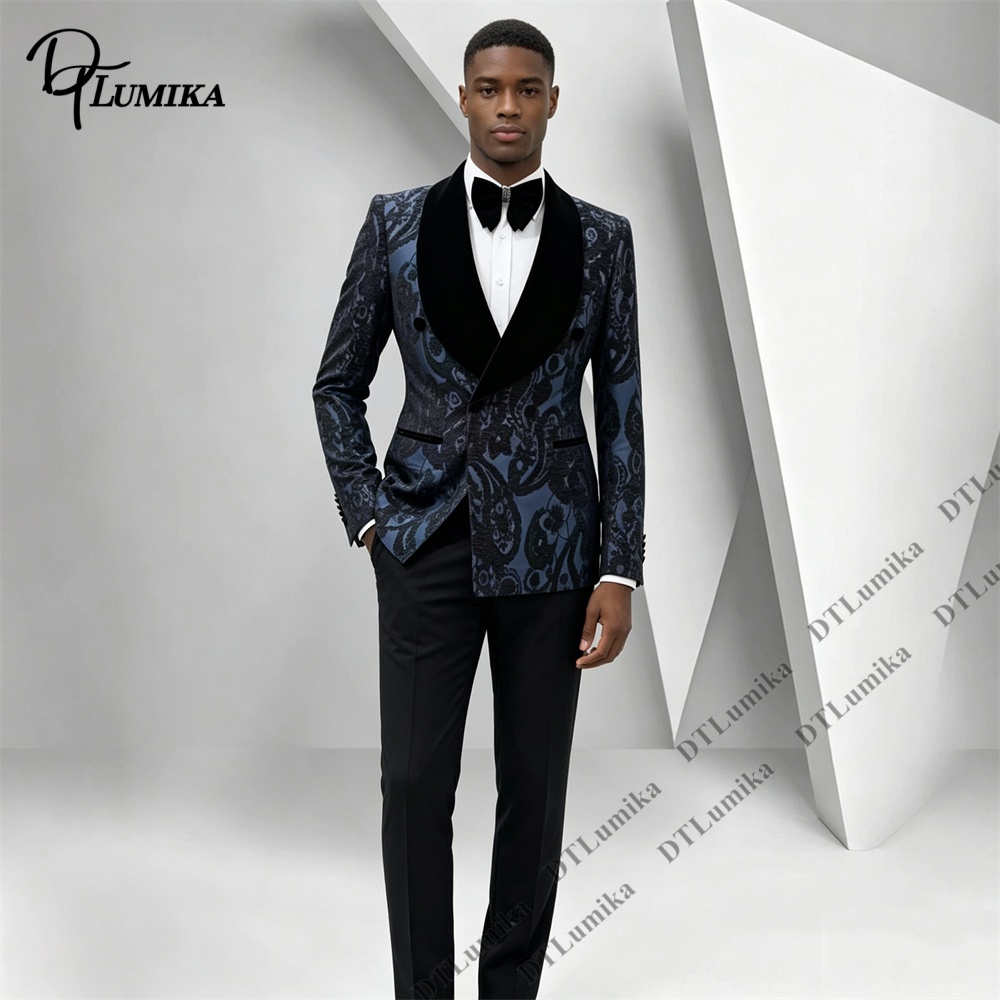 2ピースペイズリージャカードタキシードスーツブラックベルベッ - Men'S Formal Wear For Office のレビューと価格