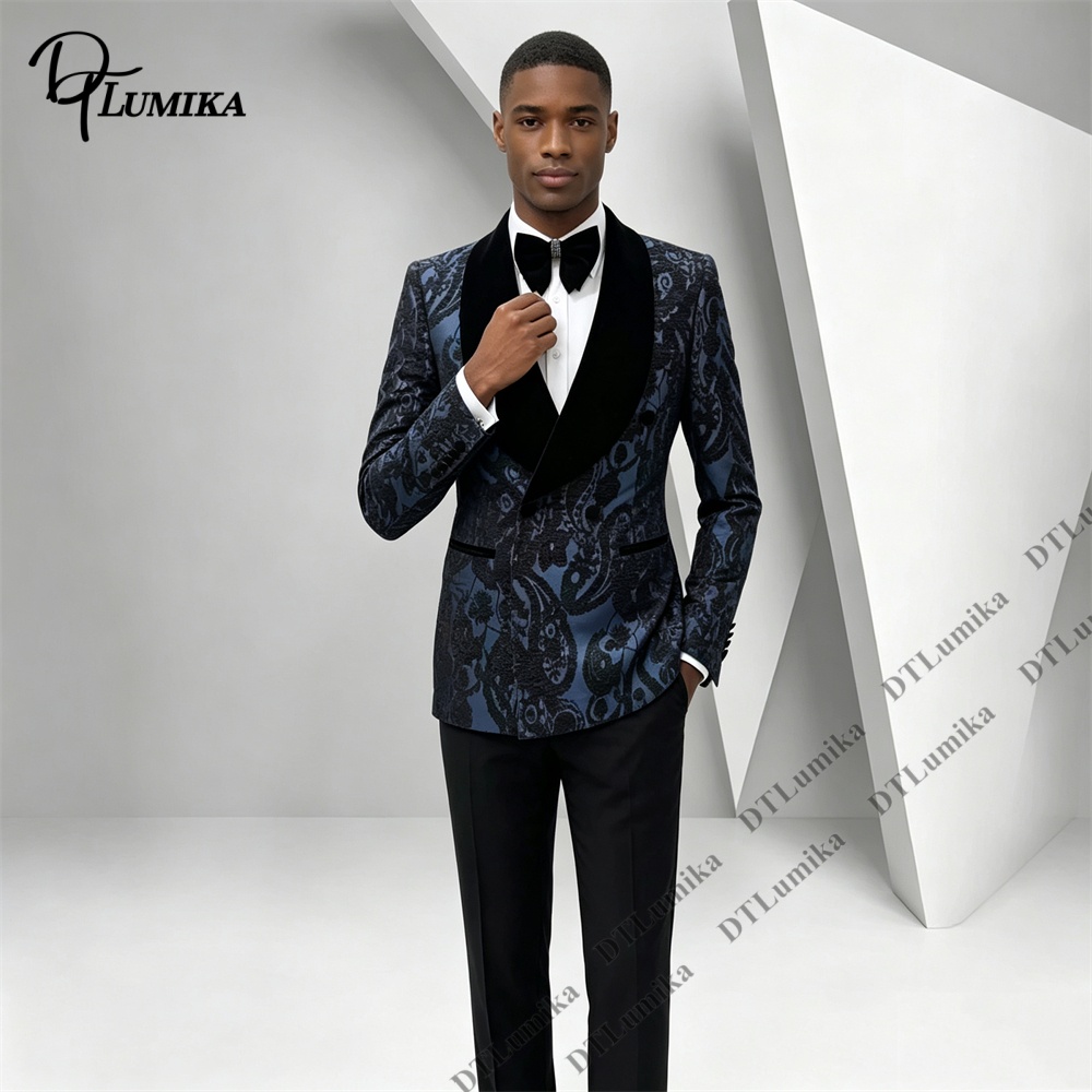 2ピースペイズリージャカードタキシードスーツブラックベルベッ - Men'S Formal Wear For Office のレビューと価格