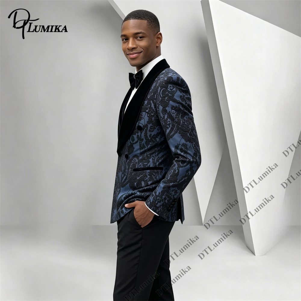 2ピースペイズリージャカードタキシードスーツブラックベルベッ - Men'S Formal Wear For Office のレビューと価格